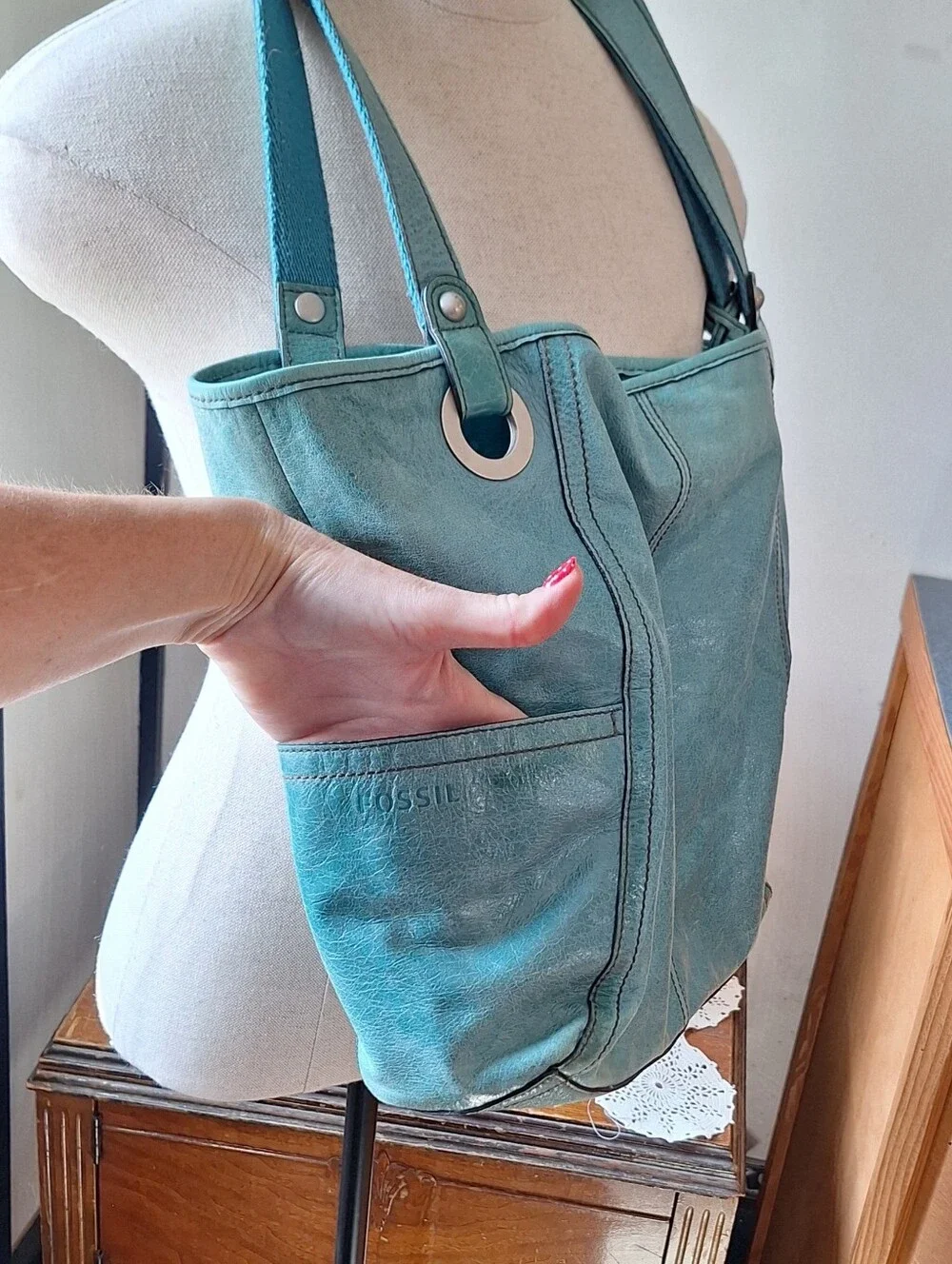Fossil Hathaway Light Teal Leather Shoulder Tote Bag - Picture 5 of 13